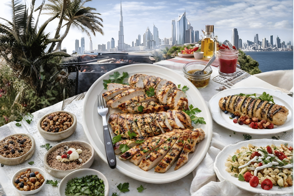 Fresh marinated chicken on a cutting board with herbs.