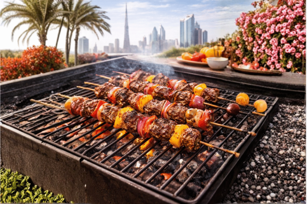 Grilled marinated beef skewers on a BBQ grill