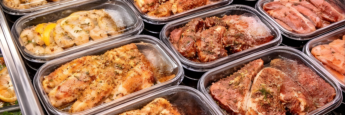 Variety of marinated meats (chicken, lamb, seafood) in packaging.